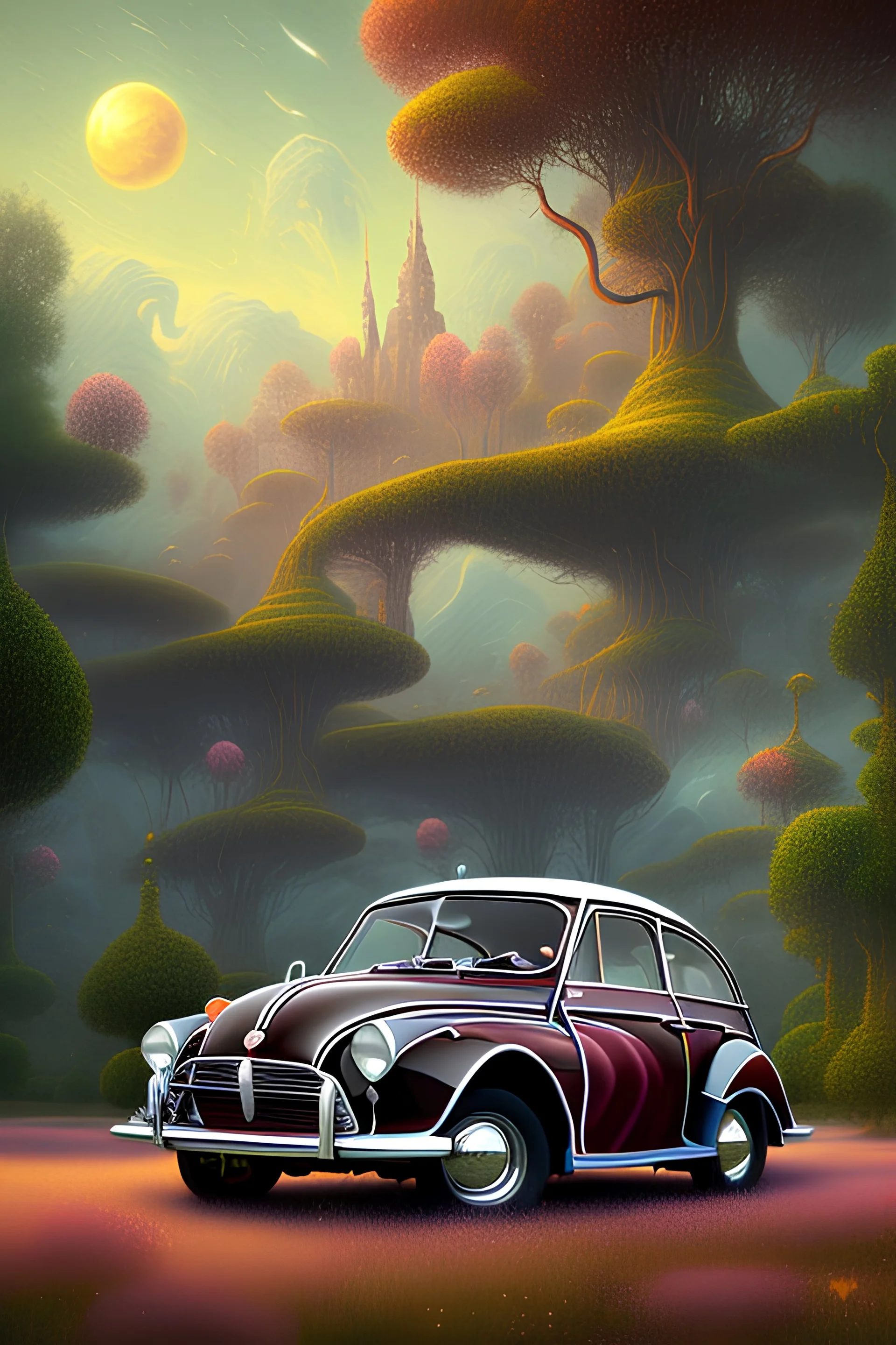 sketch of Maroon color morris minor automobile with black fenders driven, Beautiful realistic tall and round,Eyvind Earle landscape environment and background, Morris minor maroon automobile Eyvind Earle landscape highly detailed fantasy ethereal masterpiece beautiful fantastic view crisp quality Jacek Yerka Van Gogh Surrealism Pino Daeni Laura Diehl