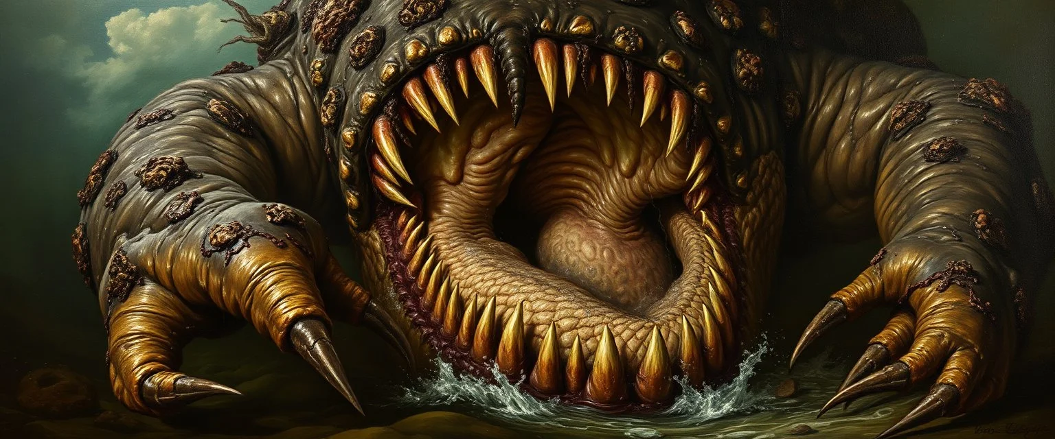 master oil painting by Rembrandt, good afternoon Brinejaw "A hulking brute of a sea monster, jaw gaping impossibly wide, dripping with dark brine, covered in barnacles and scars, massive claws and muscular limbs, a stench of decay, eyes like black pits, snapping relentlessly at anything nearby."