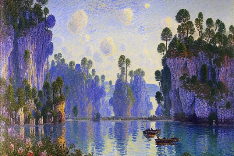 Big epic rock cliff, lagoon, alfred sisley impressionism painting