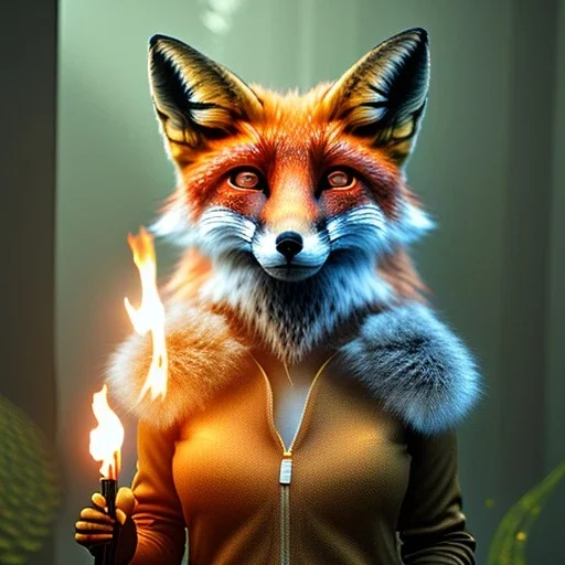 evening,light rays, upper body of female fox holding torch in magical forest, spray painting, foliage frame, fantasy art , movie poster, Realistic photography, incredibly detailed, ultra high resolution, 8k, complex 3d render, cinema 4d, color corrected