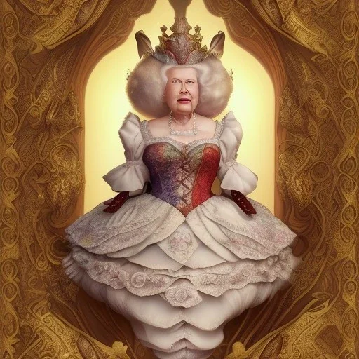 "Queen of Hearts"fat old woman book character of "Alice in the wonderland".Detailed face,Queen of Hearts, detailed eyes, Realistic lighting,elegant dress disney style,sarcastic smile. baroque, intricate patterns, fractalism.style by Disney,Chie Yoshii,earnst haeckel,james jean.