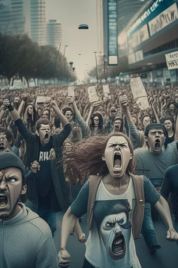 on an extremely large boulevard, a huge very angry crowd protesting, some with their hands in the air, others with placards. All look and run towards the camera. All the faces are angry and scary.