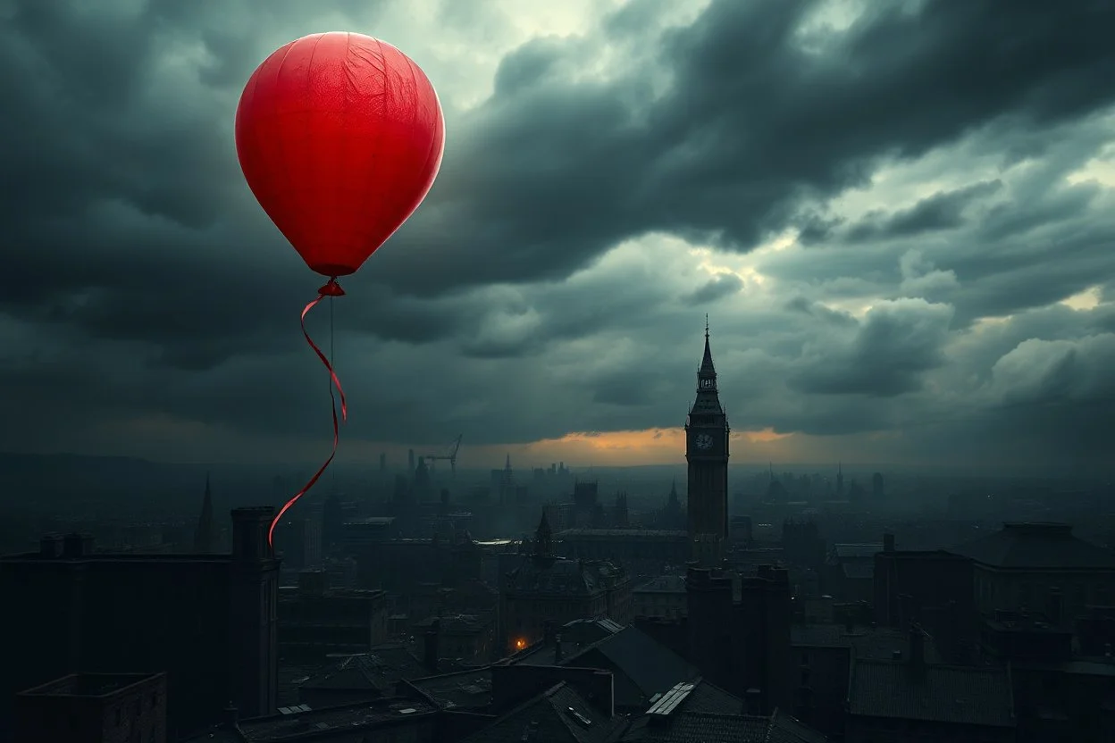 one red party balloon on sky over one little dark old city,, high realistic, storm, gloomy, surreal, ruins, professional photo, cinematic, utopistic