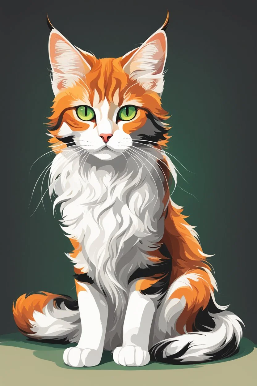 Vector illustration of a beautiful cat with long, wavy, thick hair, pointed ears, bright green eyes, orange, black and white colors, ultra quality, (((full body))), sitting on the floor