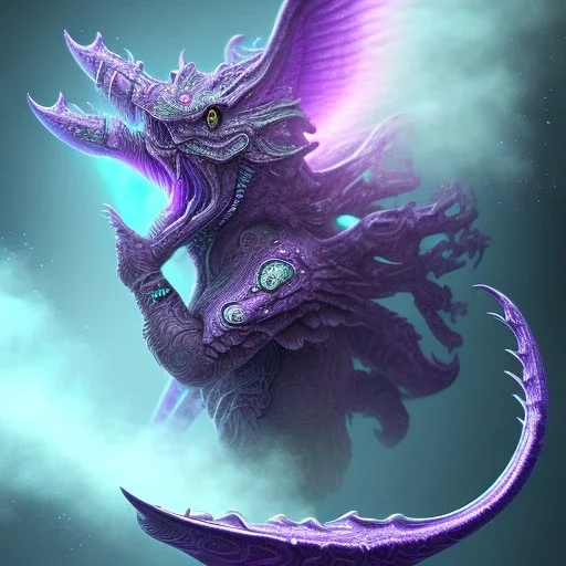 purple mythical creature in galaxy, teal and purple smoke, detailed, realistic, 4k