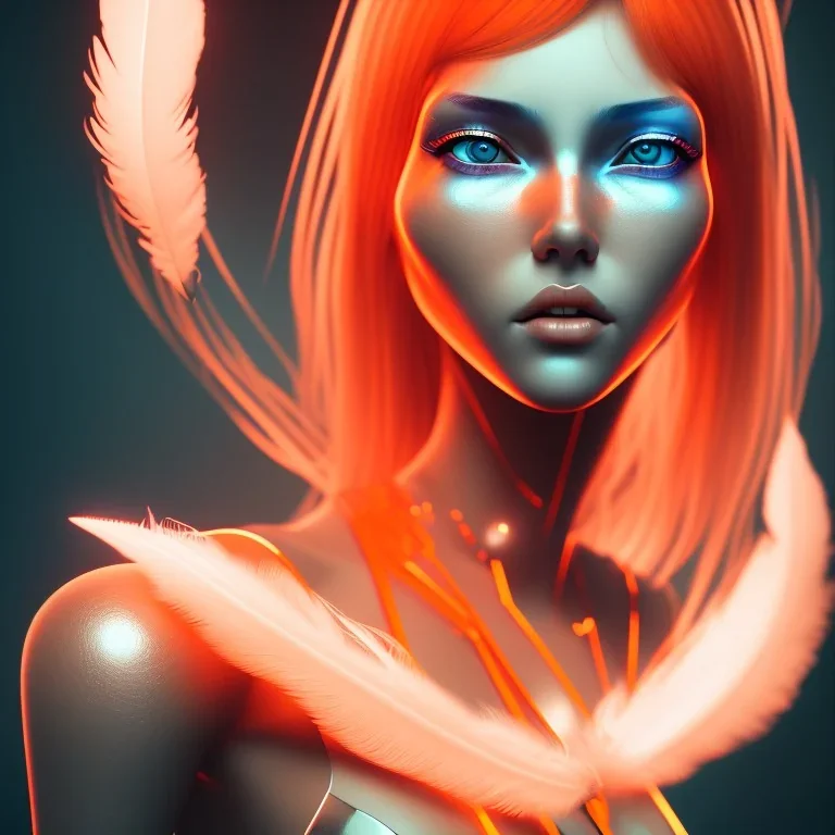 A beautiful portrait of a cute cyberpunk woman orange color scheme, high key lighting, volumetric light high details with white stripes and feathers