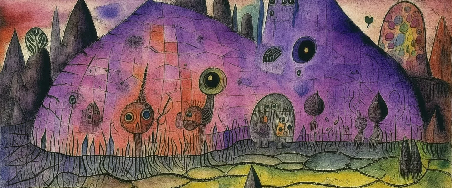 A light purple cadaverous cave with creepy worms painted by Paul Klee