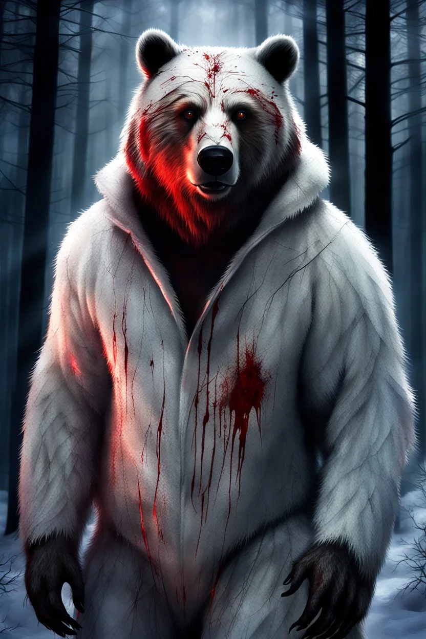 upclose realistic and mysterious photography,12k ultra-high-definition rendering of a scary bear, he is partially a robot, white furr coat, red scratch marks on him, showing thangs,exudes a sinister aura under the Forrest's dark and mysterious lighting