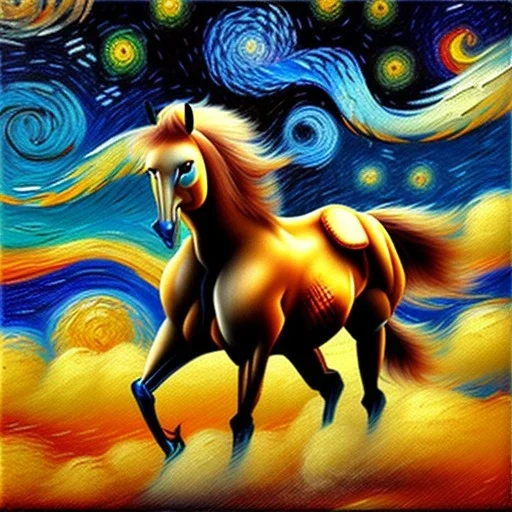 Dibujo al oleo de un caballo con nubes de colores estilo Vincent van Gogh