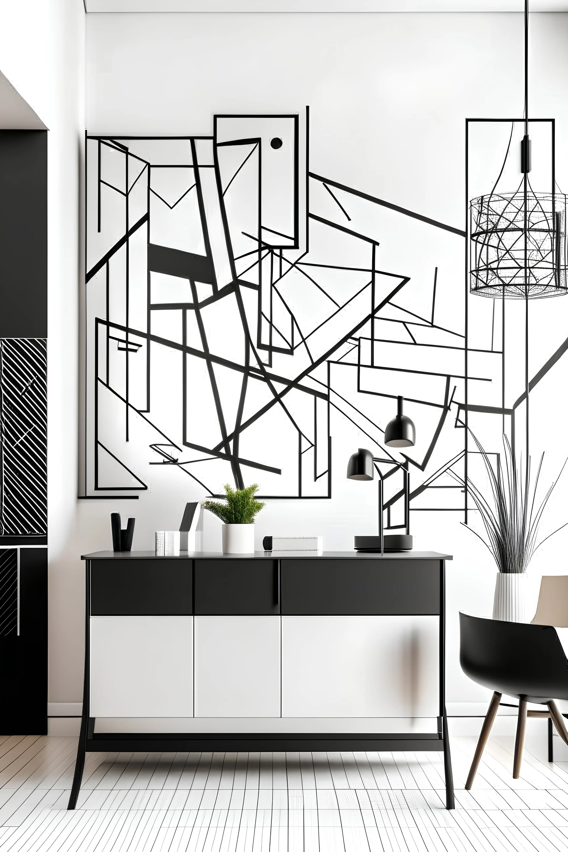 Create handpainted wall mural with overlapping lines and shapes in black and white, exploring the abstract intersections inspired by Suprematism. Emphasize contrast and balance