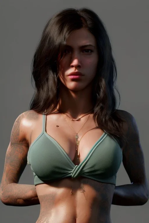 Ultra Realistic image, 25 years old brunette woman, Madrid, portrait, small stature, s size phofisan body, small chest, yakuza body tattoo, vibrant color, highly detailed, art stations, concept art, smooth, unreal engine 5, god rays, ray tracing, RTX, lumen lighting, ultra detail, volumetric lighting.