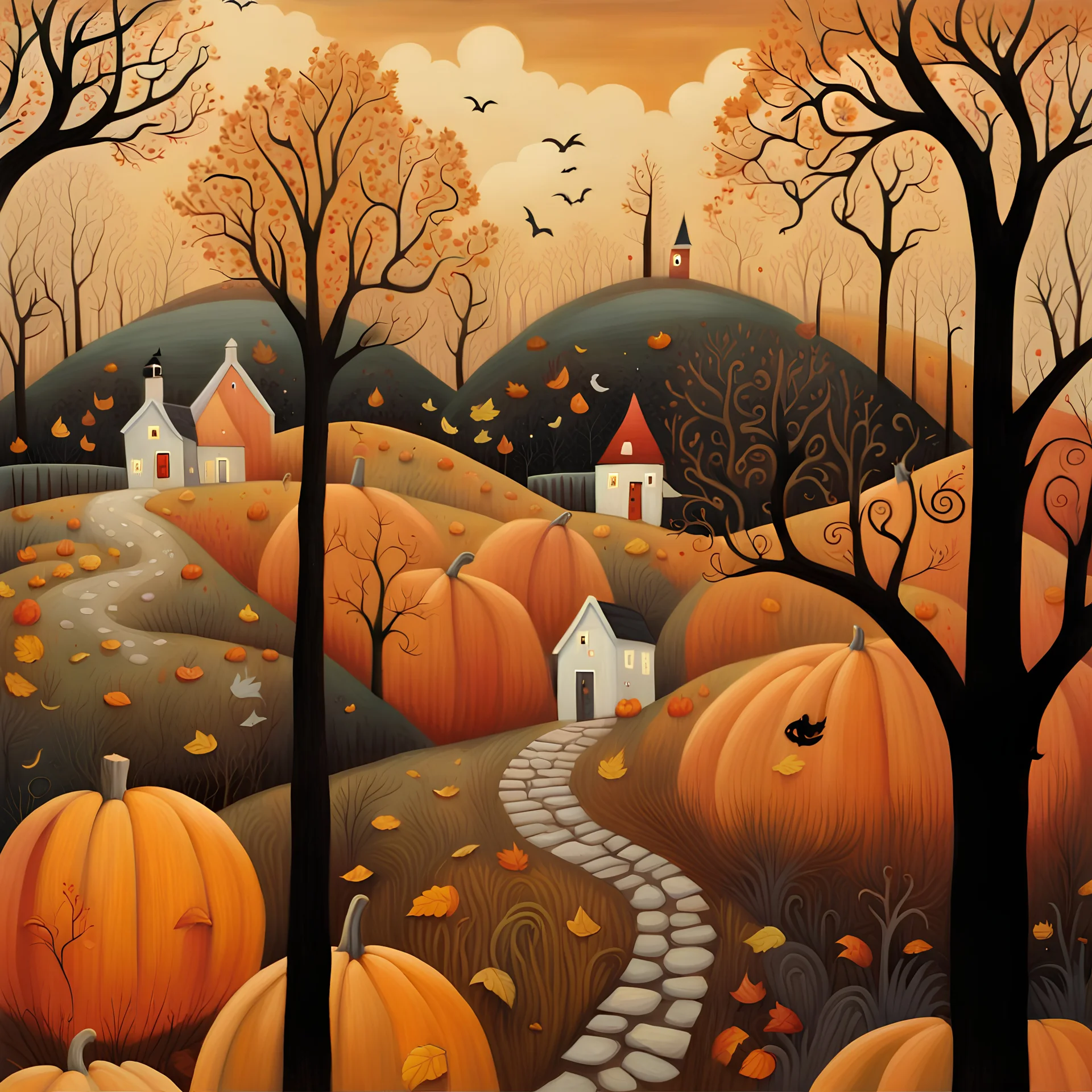 Painting of a path through a pumpkin patch, swan country, whimsical art, late autumn, village in the woods, Jane Newland, whimsical fantasy landscape art, spooky autumn colors, in autumn, by Janet Archer, by Sheila McLean, very coherent works Stylish Art, by Elaine Hamilton, Landscape Works, by Jane Kelly, Amazing Art, by Tom Scott RSA