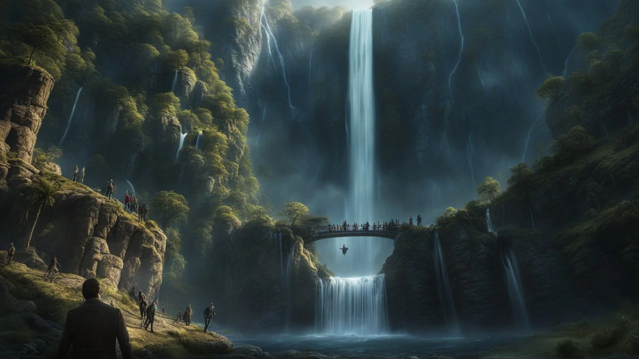 Zombies falling down a 3.000 feet high waterfall. fantasy setting, horror. exquisite realism, a masterpiece, fantasy concept art, dynamic lighting, hyperdetailed, intricately detailed, deep color, Unreal Engine, volumetric lighting, Epic cinematic brilliant stunning intricate meticulously detailed dramatic atmospheric maximalist digital matte painting