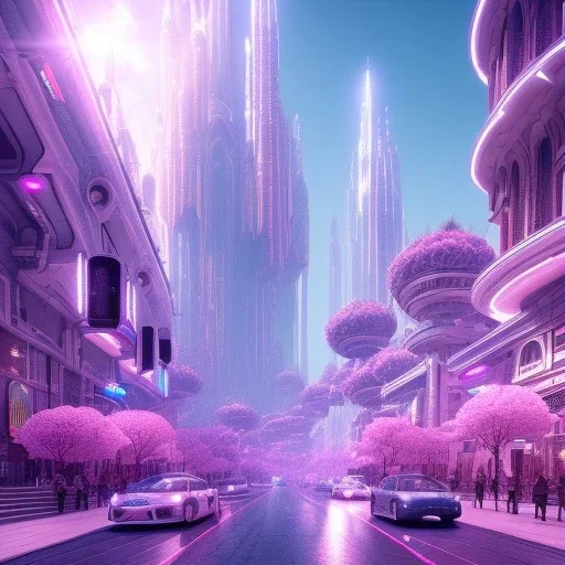 A very beautiful futuristic city, arches, elegant, small crystal edifices, atmospheric, realistic, cinematic lighting, pink blue light, 8k, galactic atmosphere, flowers