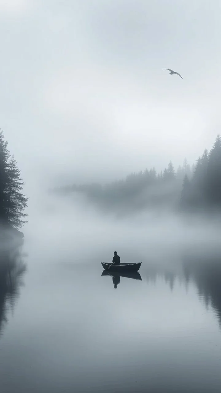 A mysterious man in black standing by the foggy lake black vein, human veins, mixing together a lot of them, like a forest, big and small veins a lot of them. A mist, show a small boat in a man in dark is coming in dark foggy distance