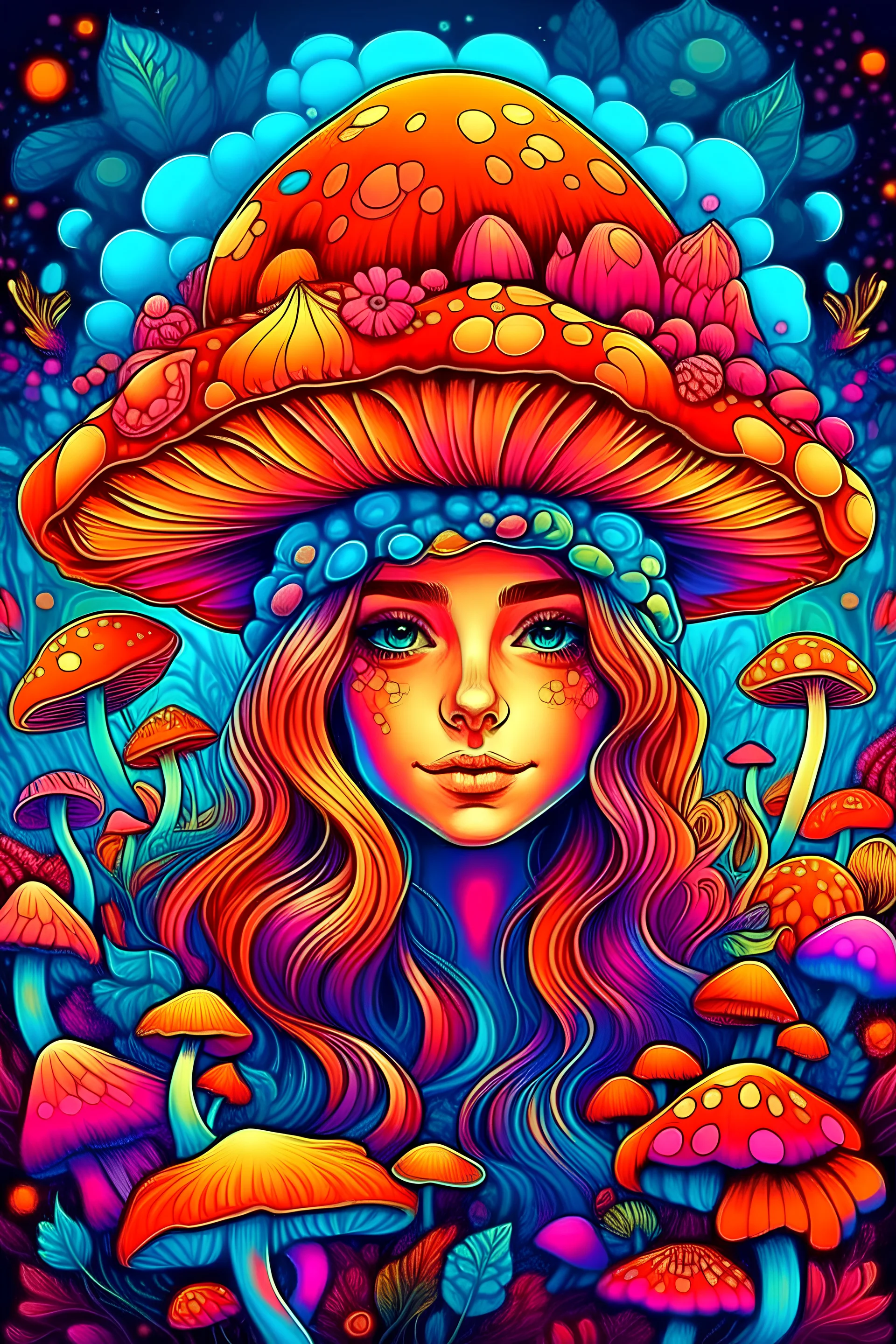 A beautiful fairy girl portrait, mushrooms colorful psychedelic colors