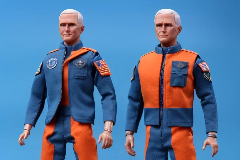 A Single Mike pence g.i. joe toy doll With a Laser gun space force Blue cloth uniform, fluorescent orange, whole body wide view