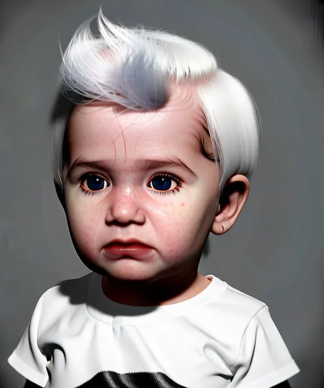 Pedro almodovar toddler, full body, white hair, diagonal shirt, dramatic lighting, hyper realistic