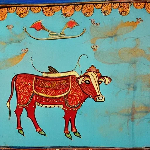 cow with hands and wings riding a ship in Indian painting style