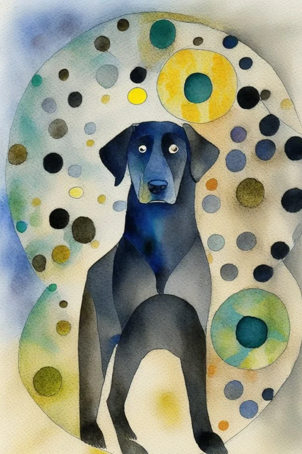 abstract watercolour of a black Labrador dog’s head in the style of paul klee with bifurcated circles