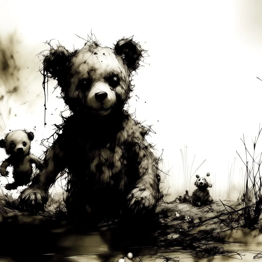 teddy bear dystopia, horror art, surreal, gritty ink illustration, by Stephen Gammell