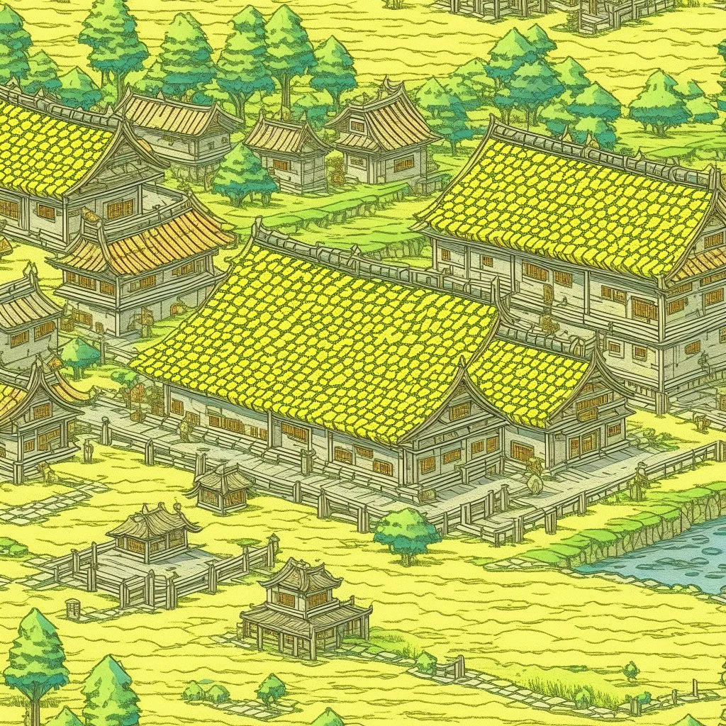 A light yellow village made out of pixels painted by Utagawa Hiroshige