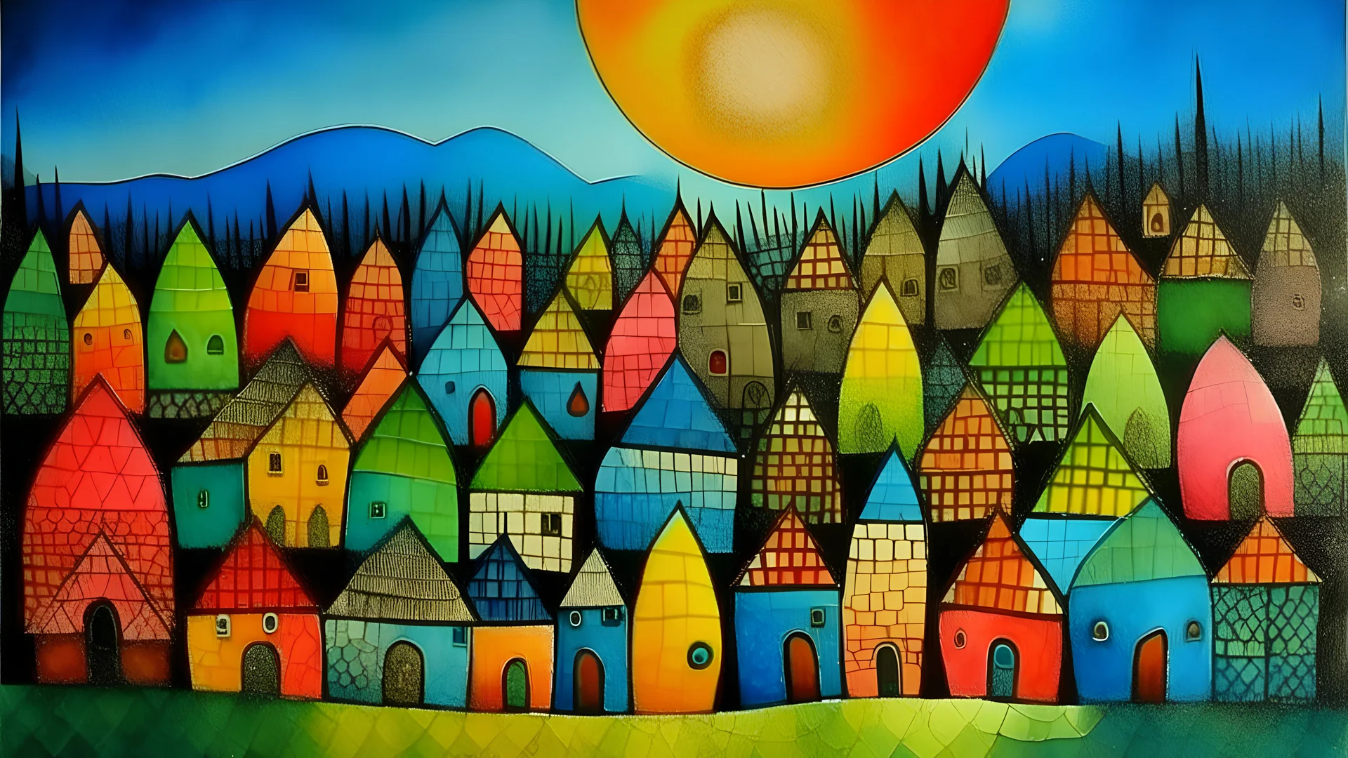 A small village made out of eggs painted by Paul Klee