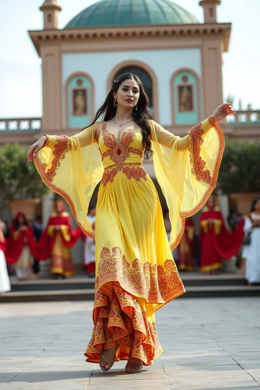 lady in azeri dance custum change clothing color to cyan and red fullbody shot