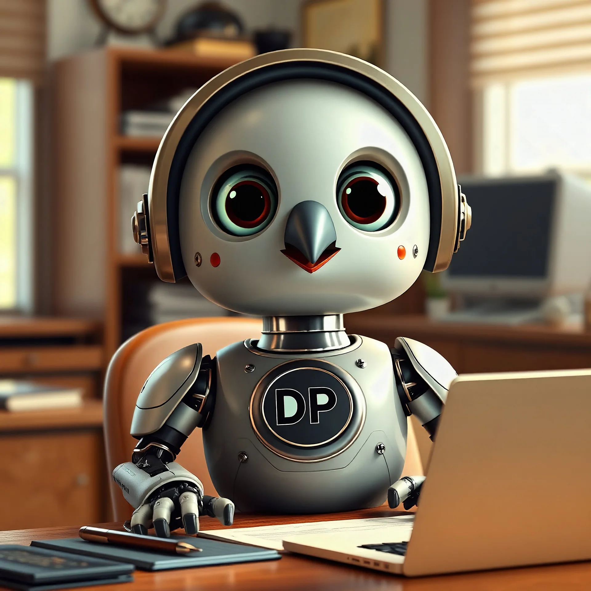 A charming 3D rendered robot pigeon with a round metallic head, a badge in its chest with the initial DP, large expressive googly eyes, and a friendly smile, sitting at a desk with a laptop and pen, bright lighting, retro-futuristic home office setting, hyper-detailed textures, artistic cinematic style, 8k resolution, style of Pixar meets steampunk --v 6.1