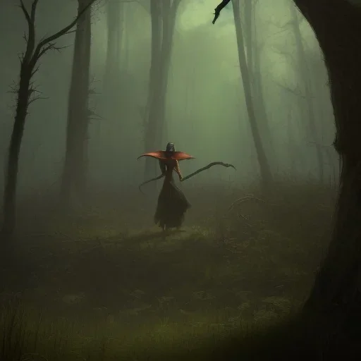 franz frazetta style, witch lurking in the forest clearing, dusk