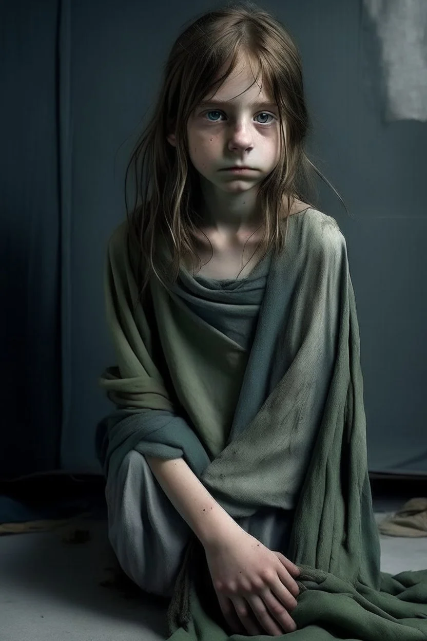 very thin 13 year old girl, dressed in rags, long fezzy haircut, A Cure for Wellness style, full figure