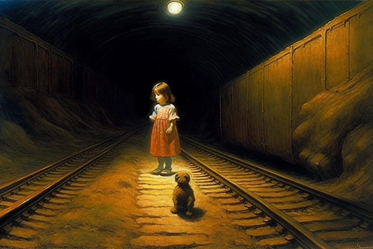 in a tunnel little girl is holding a teddy bear next to train tracks Zdzisław Beksiński