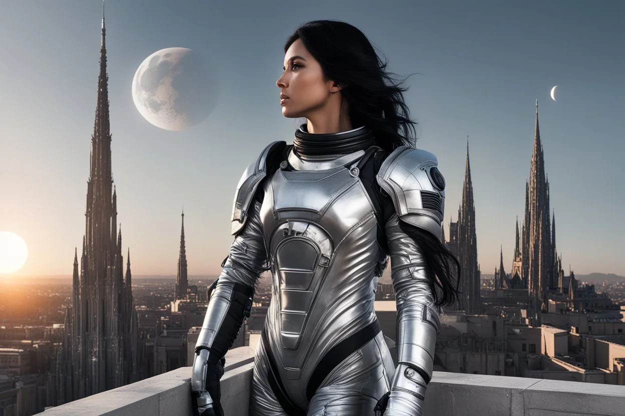 A slim Woman With Black shoulder length hair, Wearing a silver and black space suit, with no helmet, standing sot the right, sideways on a ledge of a building, with a moon Behind Her Head, towering spires and buildings highlighted by the setting sun