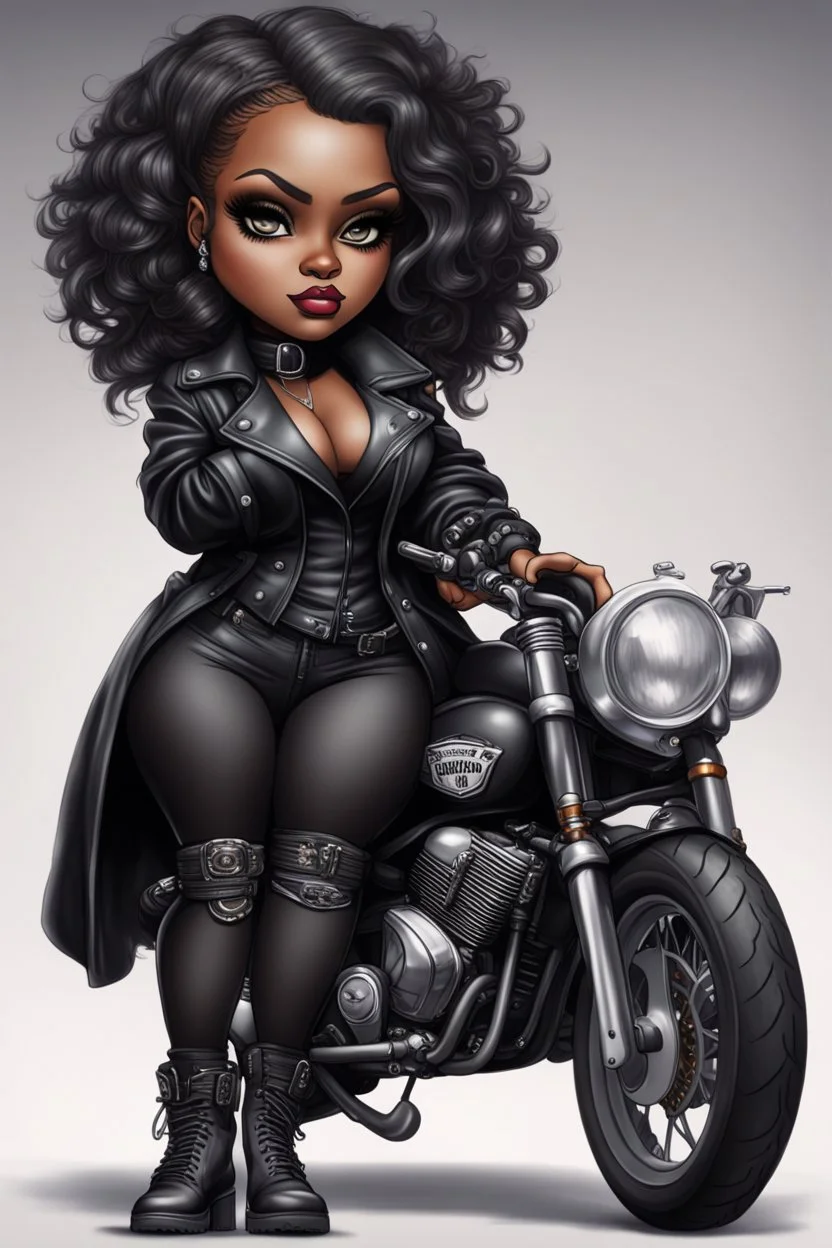 Create an airbrush image of a chibi curvy black female wearing a biker's coat and boots with black tights. Prominent make up with hazel eyes. She is sitting on a big Harley Davidson motorcycle at a bike show.