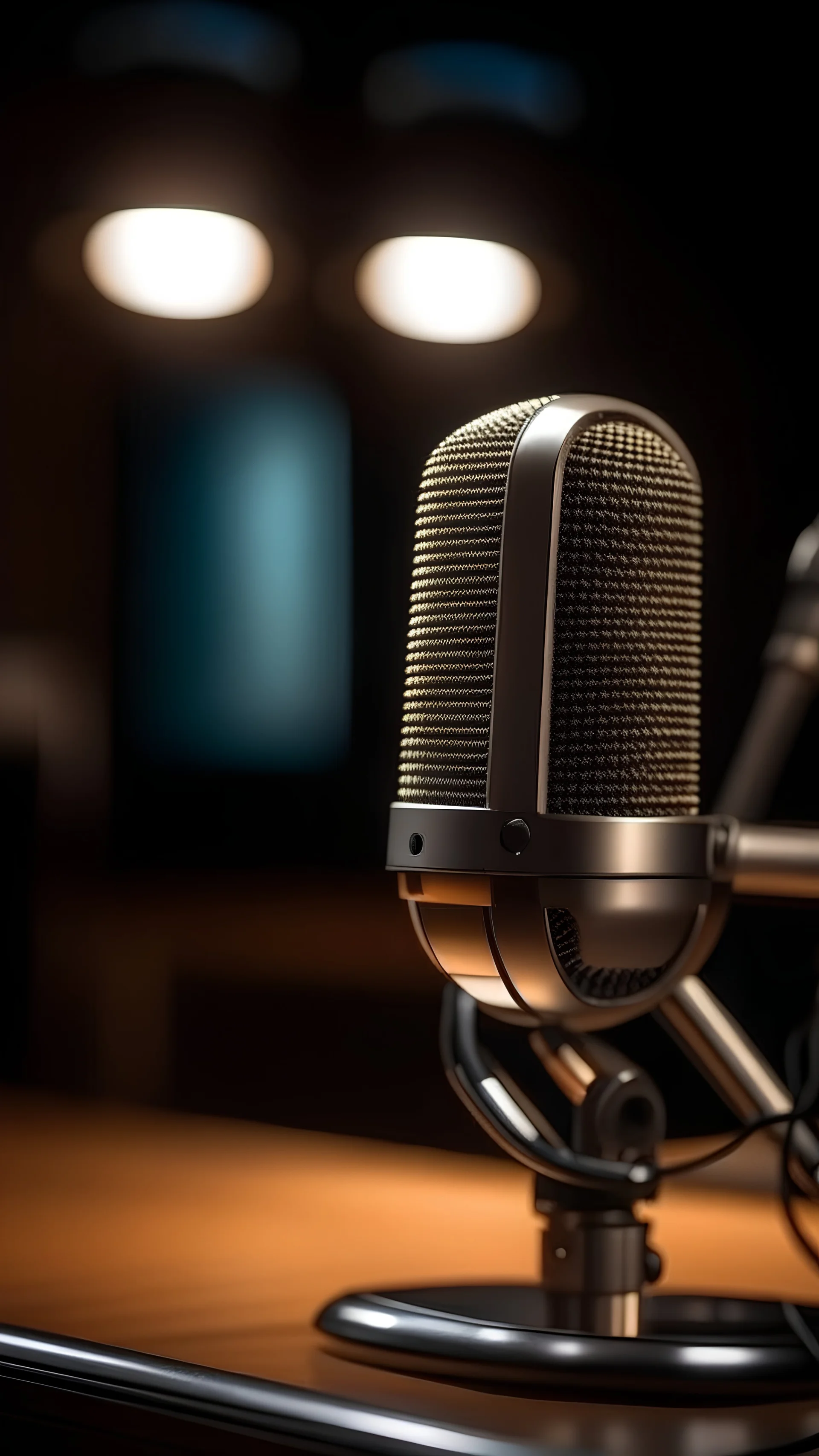 Close-up image of microphone in podcast studio.