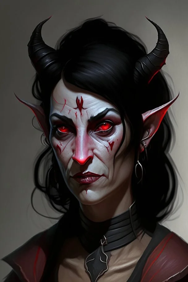 A kind looking tiefling woman in her 40s. She is motherly, with black hair and red eyes. She has scars and wears black