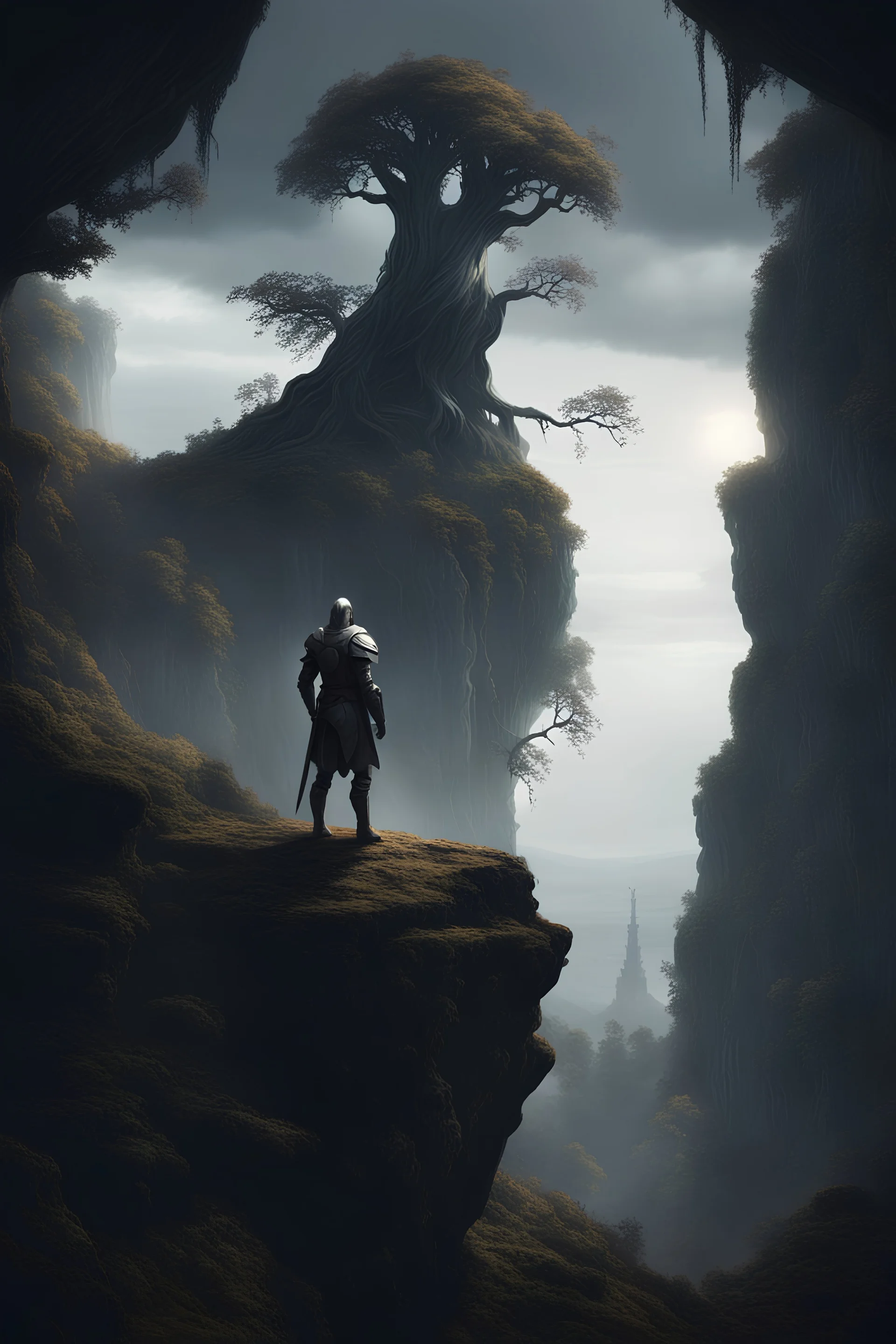 A knight on the ledge of a cliff, looking at a gigantic walking tree,somber mood, cinematic lighting, dark fantasy styled setting,ray tracing