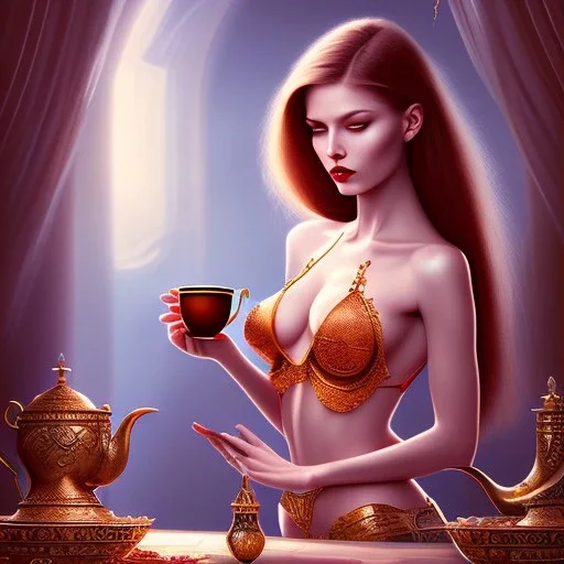 fantasy art, book cover, sexy staring woman enjoying tea by the mirror