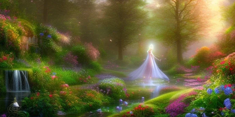 bright fairy, beautiful portrait, flowery landscape