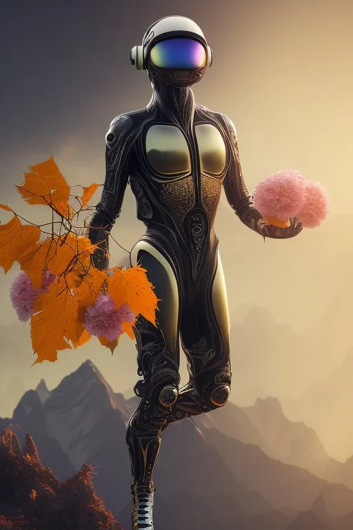 running alien portrait , black jogging suite , in the sunset Alps, golden light , holding leaves and flowers , angels background, volumetric light, high detail, dark leaf tree, dark mountains in background, perfect