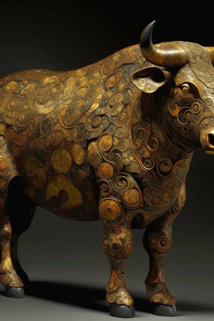 A brownish bronze lava elemental bull painted by Gustav Klimt