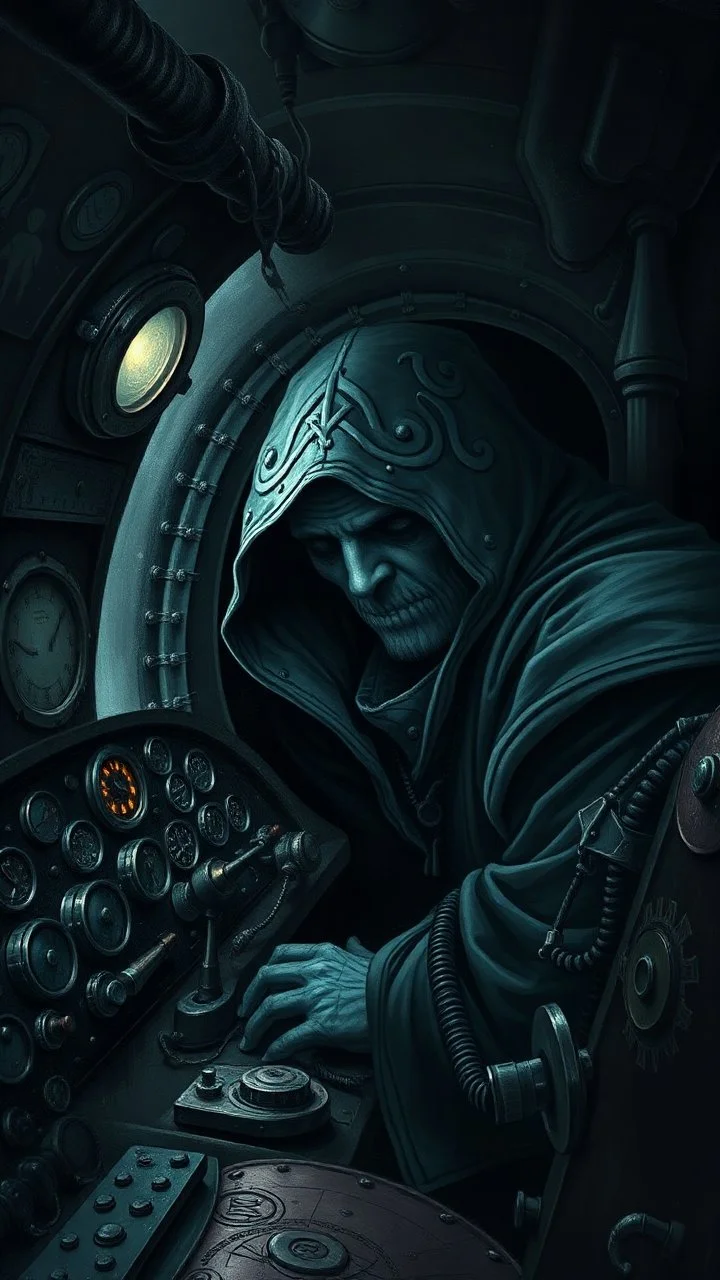 inside a dark submarine , paint it in the baroque style, as if the man is horrified, with complicated dashboards with many gears . A dark hooded face out side the window