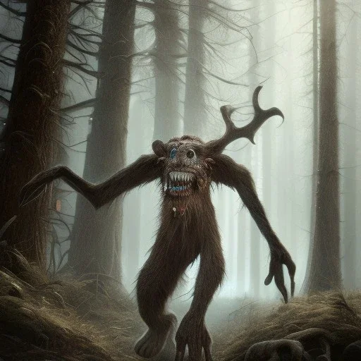 wendigo killing person, hyperrealism, 8K, masterpiece, expert, cinematic lighting, sharp focus