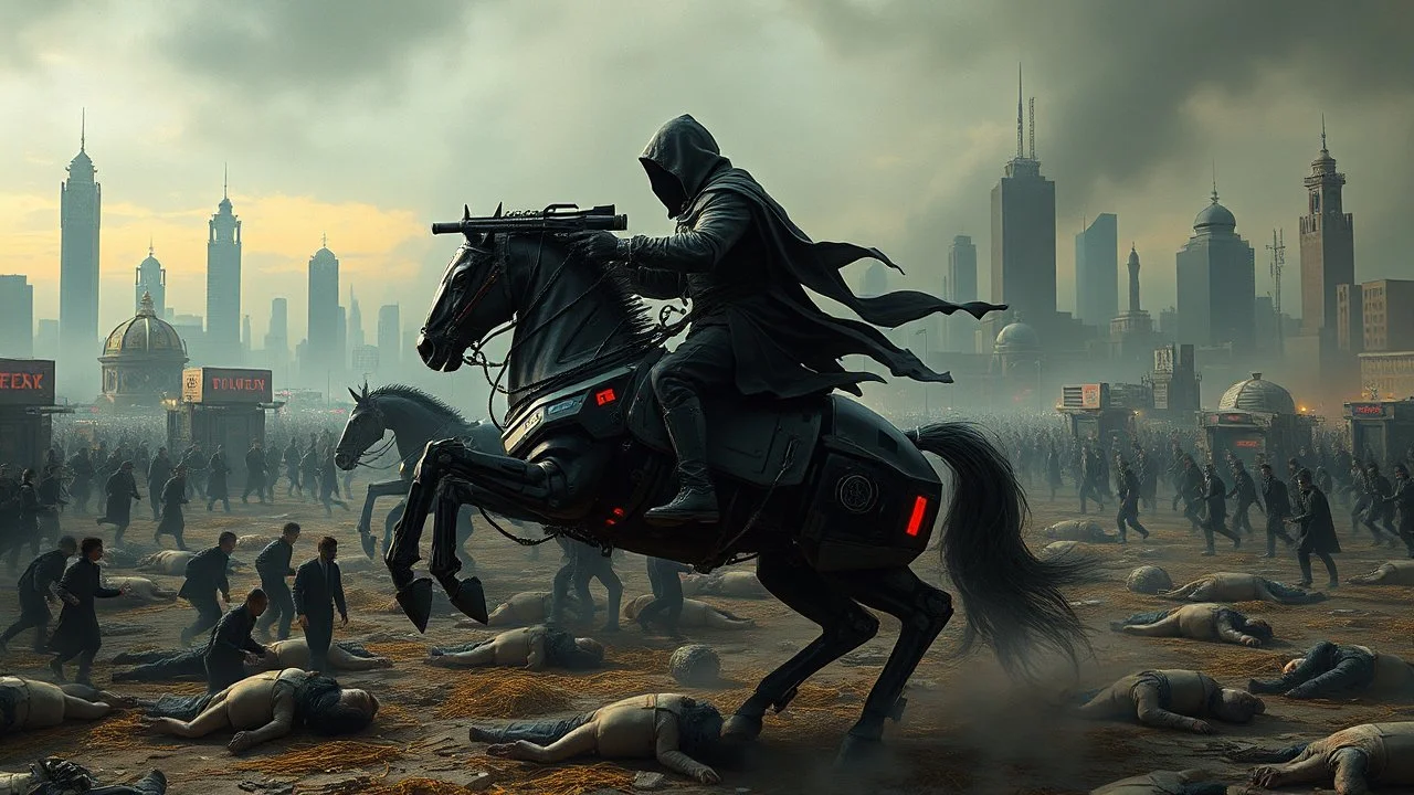 cyberpunk interpretation of Bruegel's "The Triumph of Death", capturing the symbolic "harvest" of humanity. this is terror. A dystopian metropolis under smog sky, where cybernetic soliders reapers are executing physical harvest and many of humans citizens killed army of cyberwarrior androids and robots, panicking running people, many bodies lying on the ground. a cyber-death warrior in black hood with futuristic gun on a robot horse, thriller, detailed, cinematic