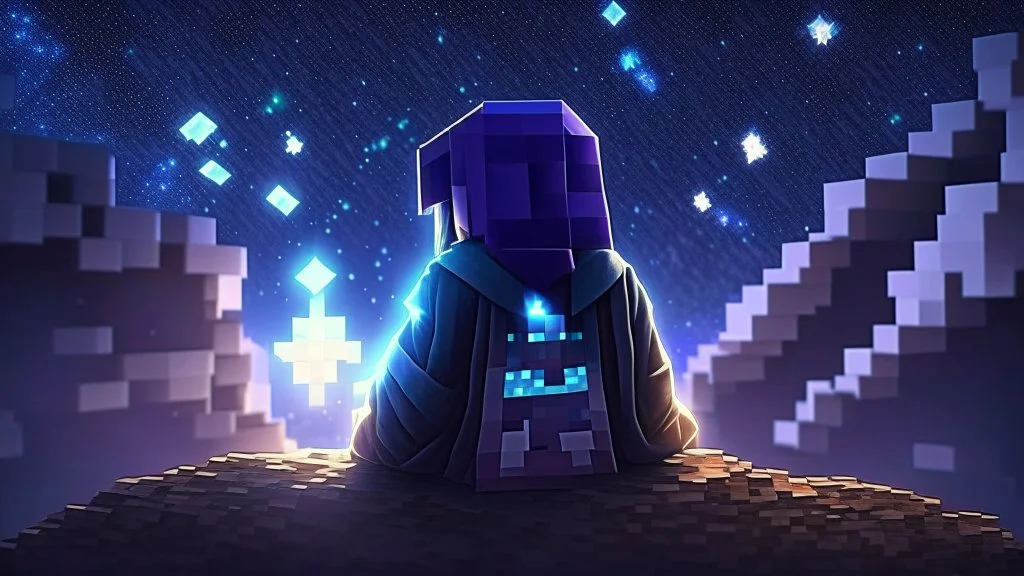 Minecraft Character, minecraft theme, purple starry sky, meditating, aesthetic, facing back, character wearing robes,