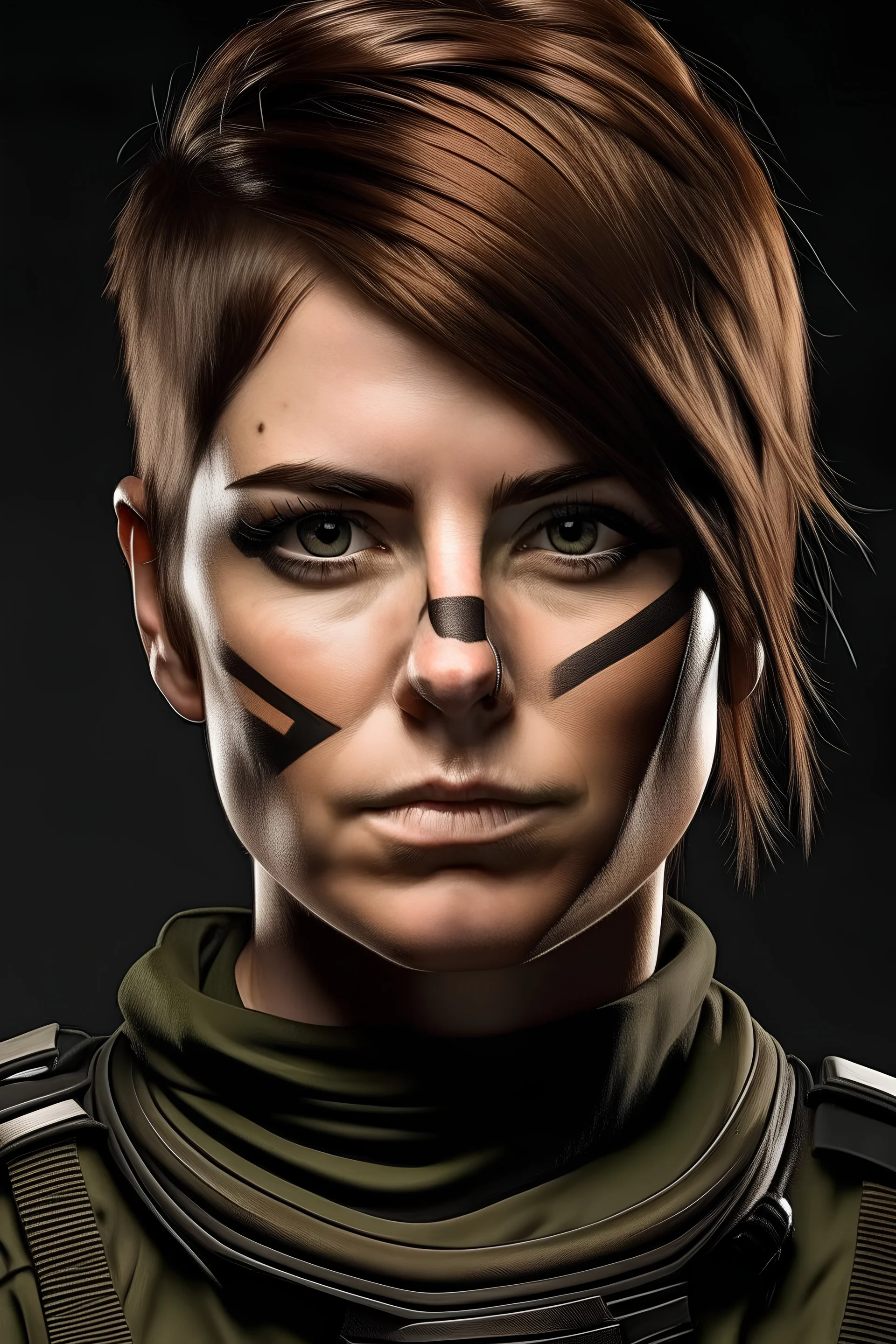 biker with short brown hair and soldier stripes on face