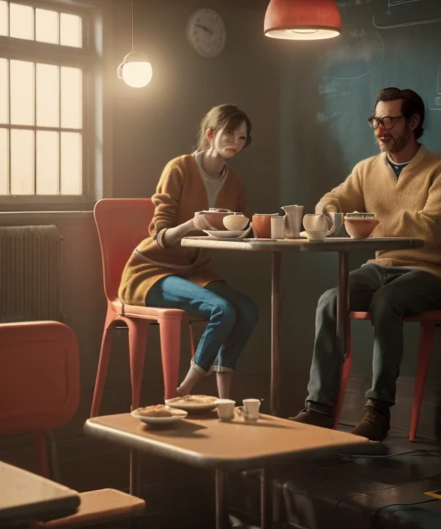 Realistic scene, man and woman sitting in cafeteria and having breakfast levitating, 0 gravity, Wes Anderson, soft color, highly detailed, unreal engine 5, ray tracing, RTX, lumen lighting, ultra detail, volumetric lighting, 3d, finely drawn, high definition, high resolution.