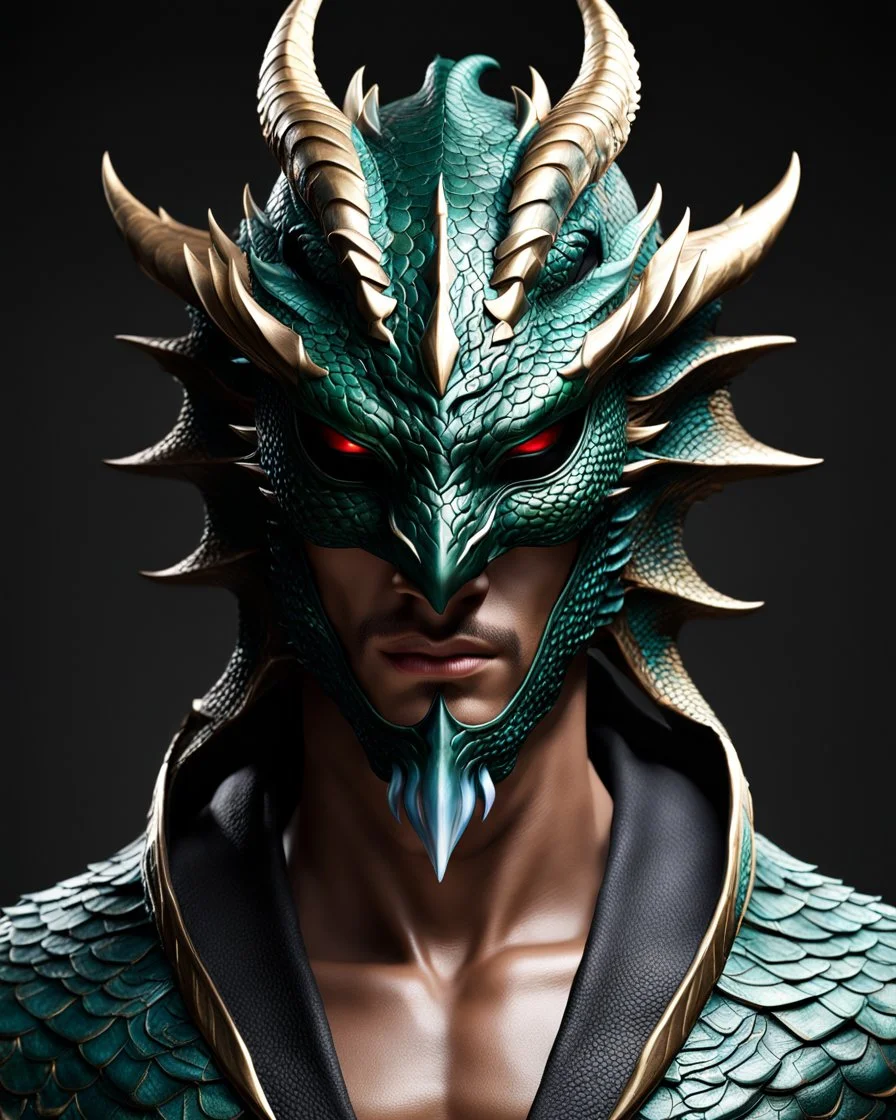 Dragon man with dragon mask over his eyes and forehead, Realistic cool art, 12k, 3d, realistic, full head, full body