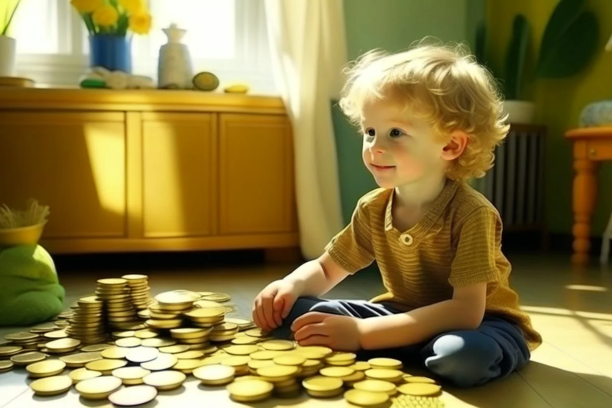 a curly-haired blond boy counts money and stacks gold coins in a modern nursery, in sunshine