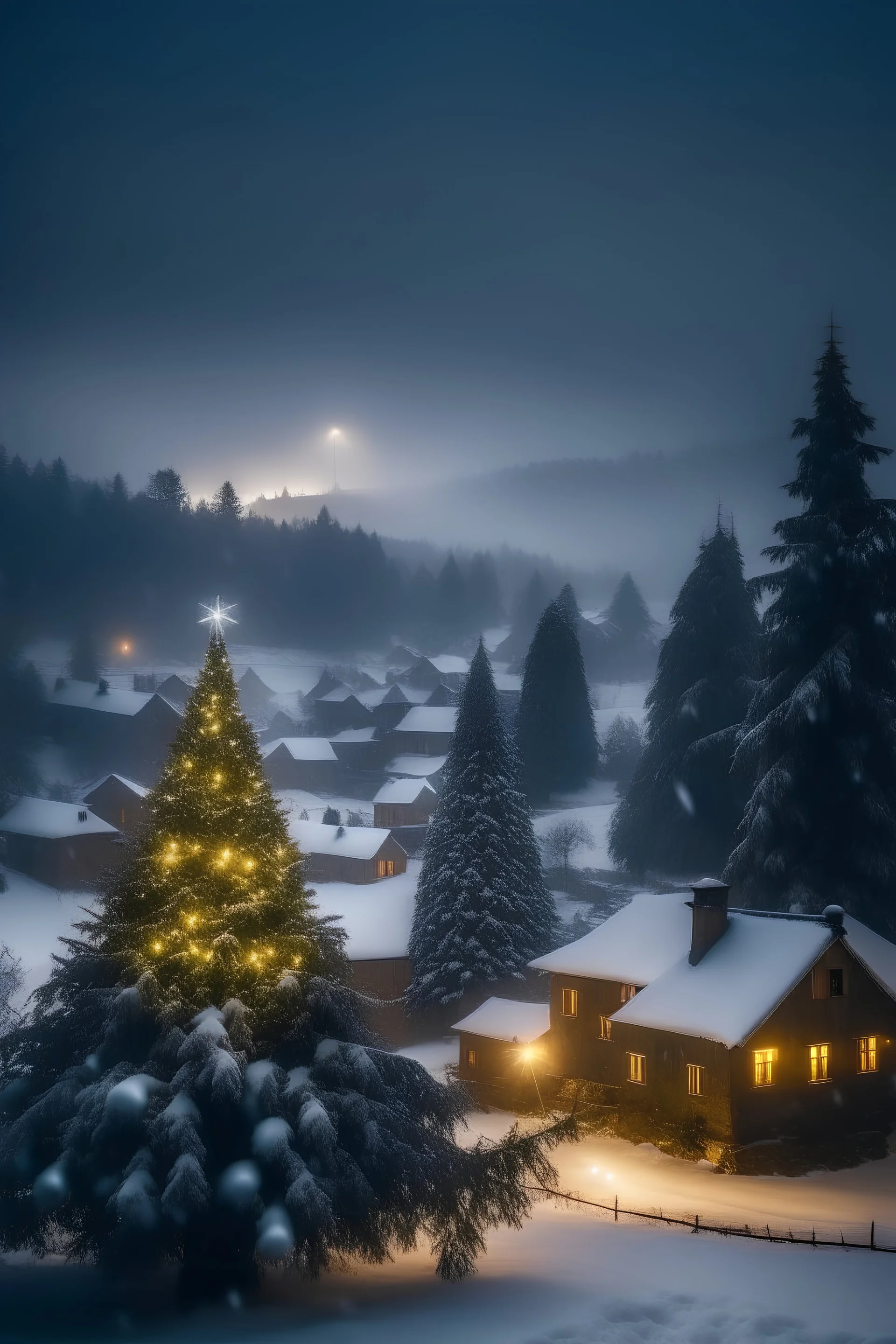 Dolná Seč village with christmas tree in snowing weather